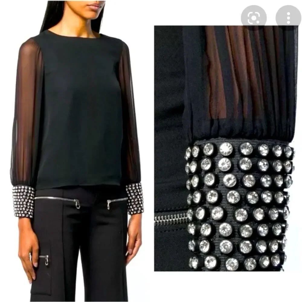 Alice + Olivia Vix Embellished Silk Blouse Black Sheer Sleeve Crystal Cuff S